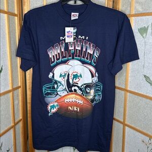 RARE NWT Vtg True Fan Sportswear Miami Dolphins Black T Shirt Two Helmets/NFL